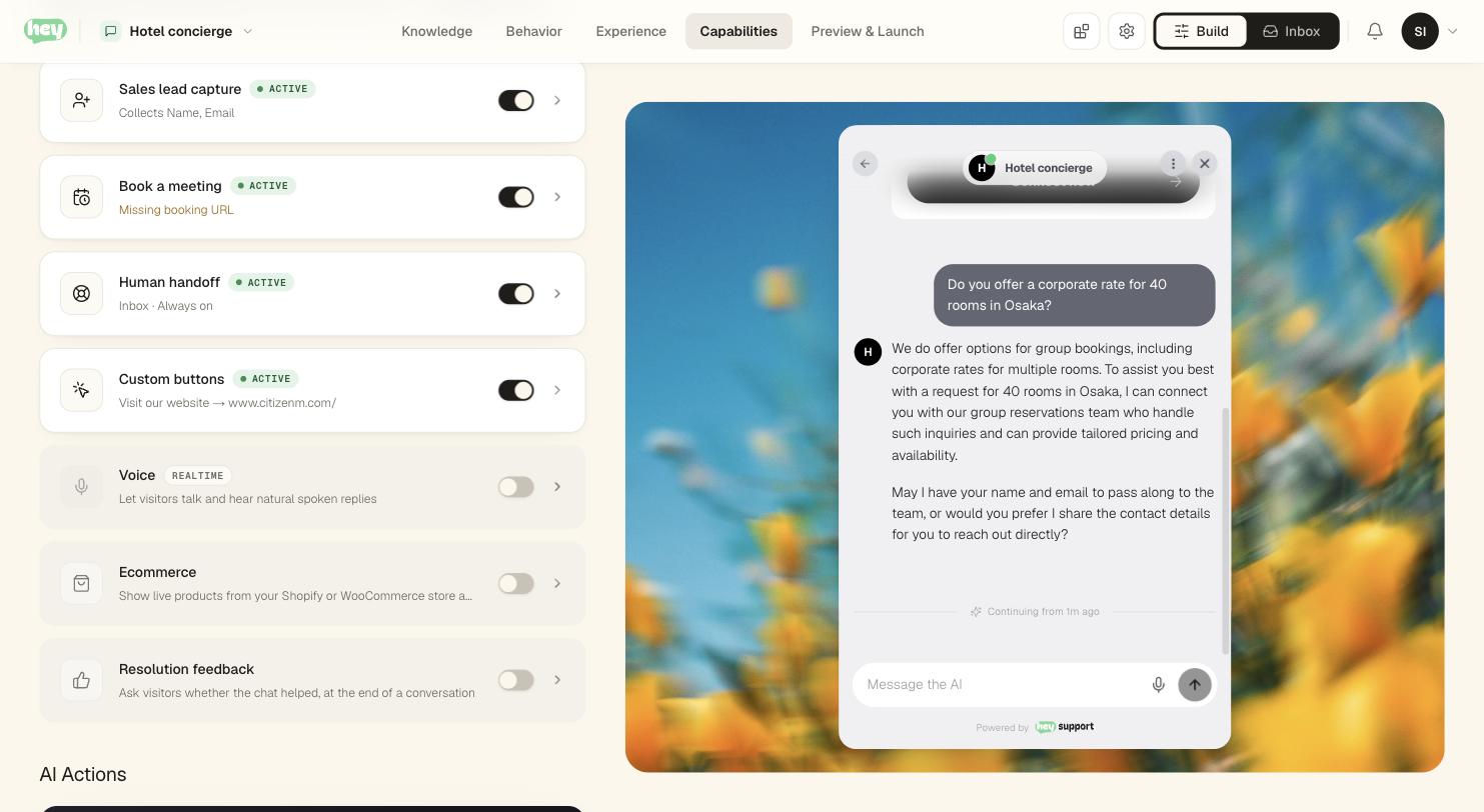The Capabilities page. Seven tool rows — Sales lead capture, Book a meeting, Human handoff, Custom buttons, Voice, Ecommerce and Resolution feedback — each with an on/off switch and a status chip, beside a live widget preview showing a real conversation.