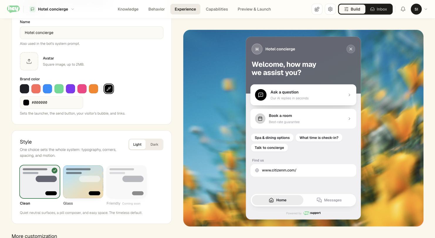 The Experience page. On the left, the agent name, avatar, brand colour swatches and the Clean, Glass and Friendly style tiles. On the right, a live widget preview showing the welcome screen with the agent's real greeting, cards and quick questions.