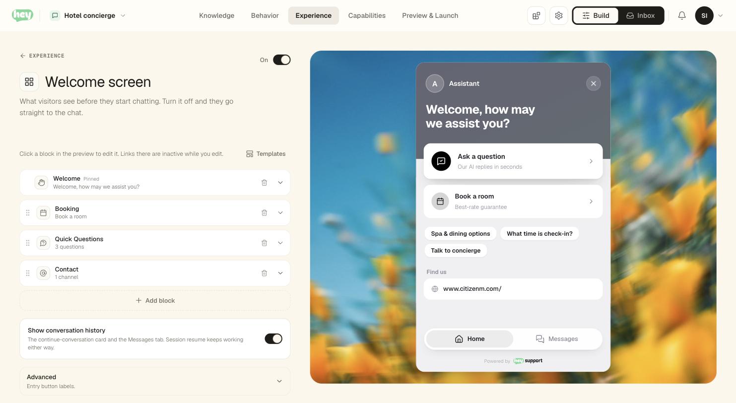 The welcome screen editor. A draggable stack of blocks on the left — Welcome (pinned), Booking, Quick Questions and Contact — beside a live widget preview on the right rendering those same blocks as the visitor will see them.