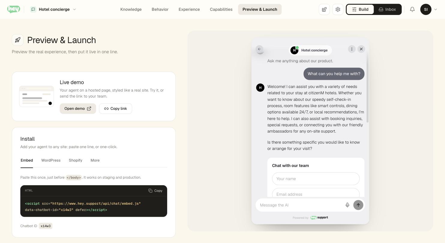 The Preview and Launch page. A Live demo card with Open demo and Copy link buttons, an Install card showing the one-line embed snippet and the Chatbot ID, and a live preview rail on the right with a real conversation in progress.