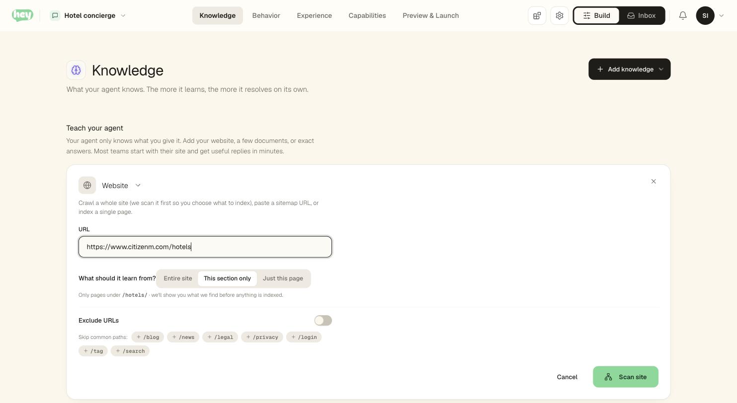 The Add knowledge panel with Website selected. A URL with a path is entered, so all three scope options are offered — Entire site, This section only, and Just this page — with This section only chosen and a note that only pages under /hotels/ will be read.