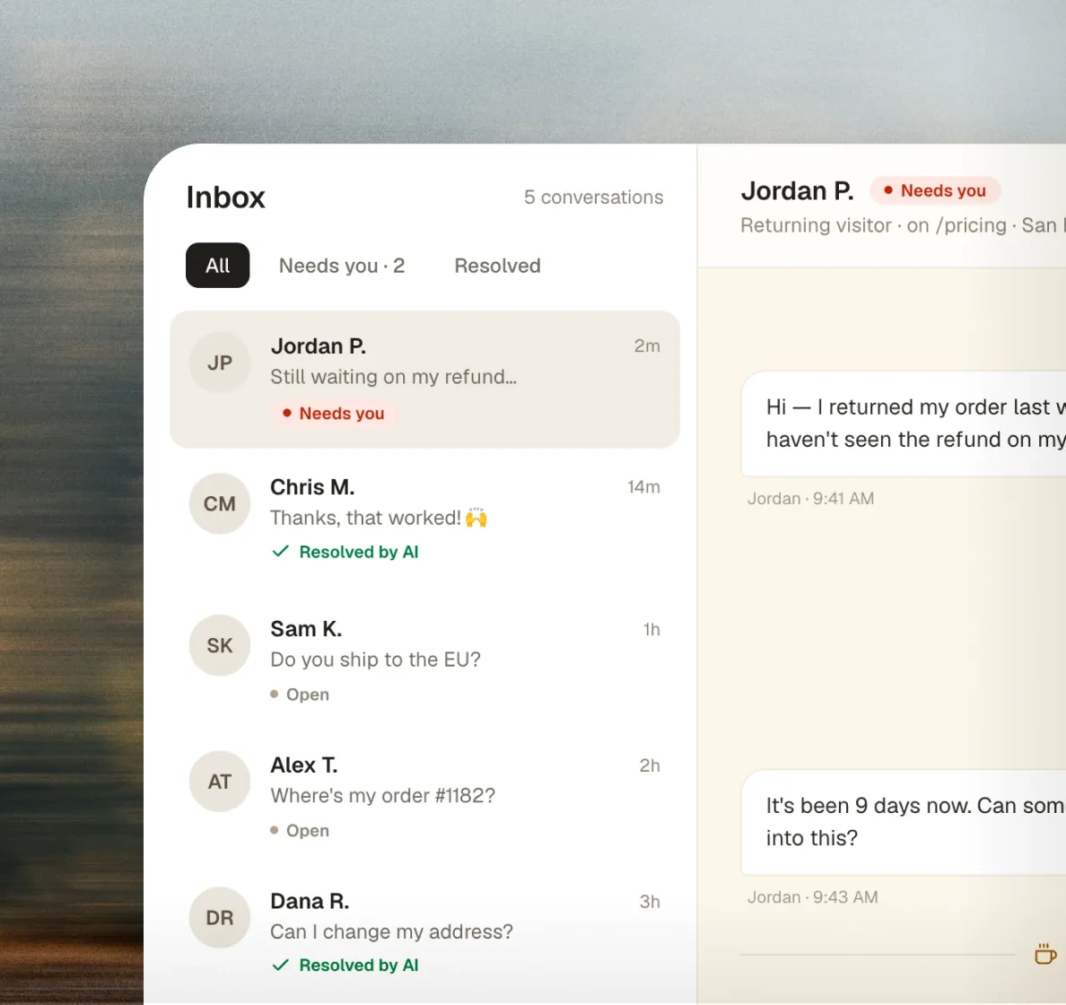 Team inbox showing conversations across channels, some resolved by AI and some needing a human.