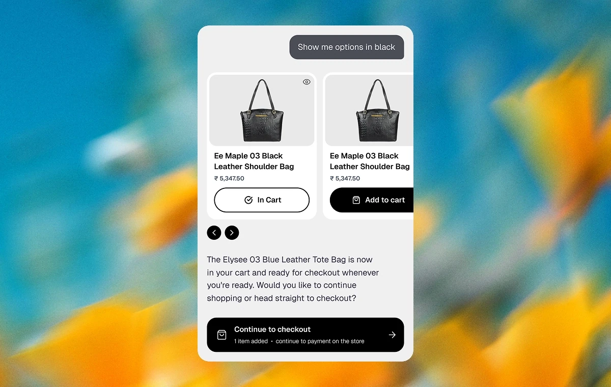 A chat window showing product cards pulled from the live catalog, each with its photo, price and an add-to-cart button, after the shopper asked to see options in black