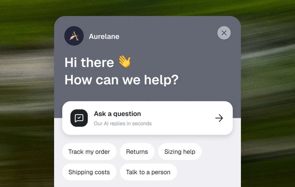 Store chatbot welcome screen with quick questions: track my order, returns, sizing help, shipping costs, talk to a person