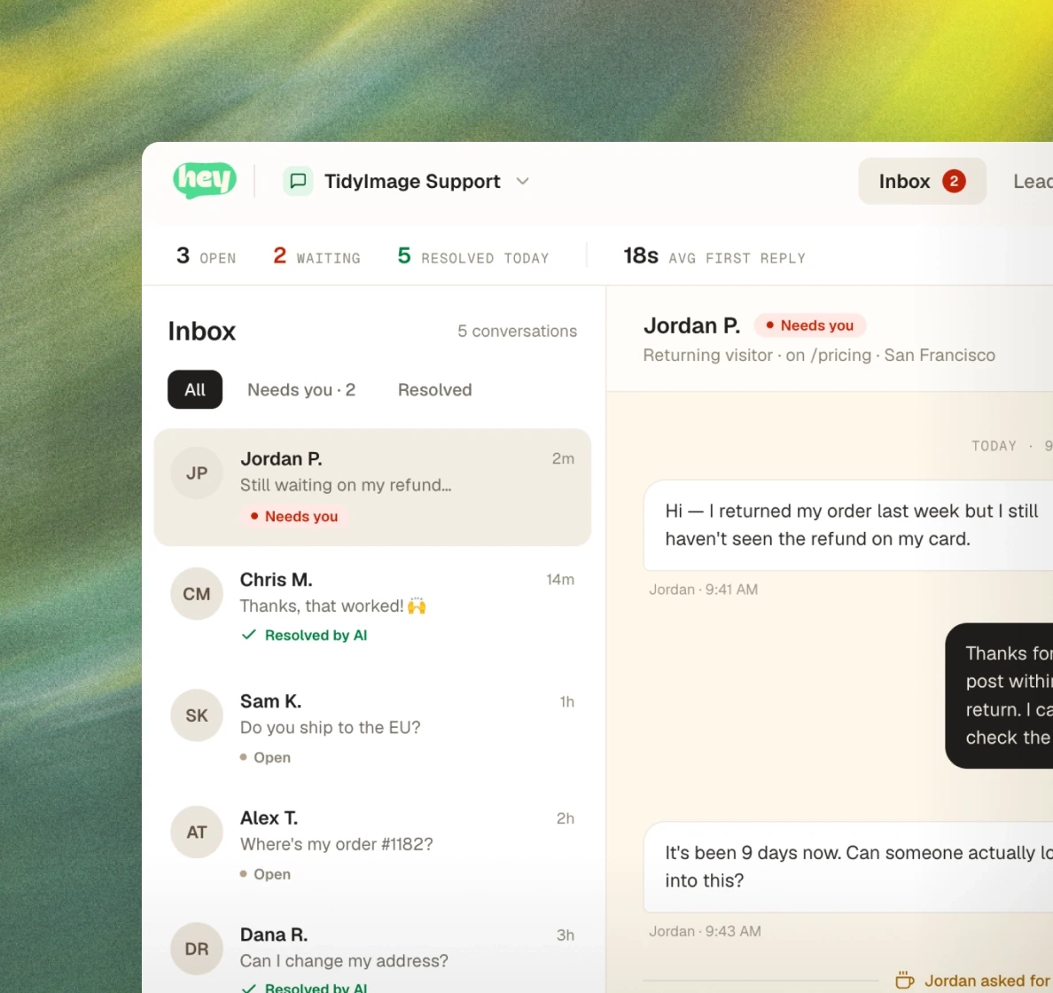 Shared inbox with conversations arriving across channels, some resolved by AI.