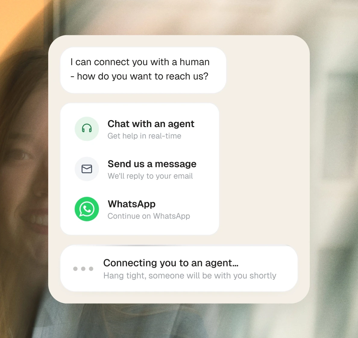 The agent offering to connect a visitor to a human over chat, email, or WhatsApp.