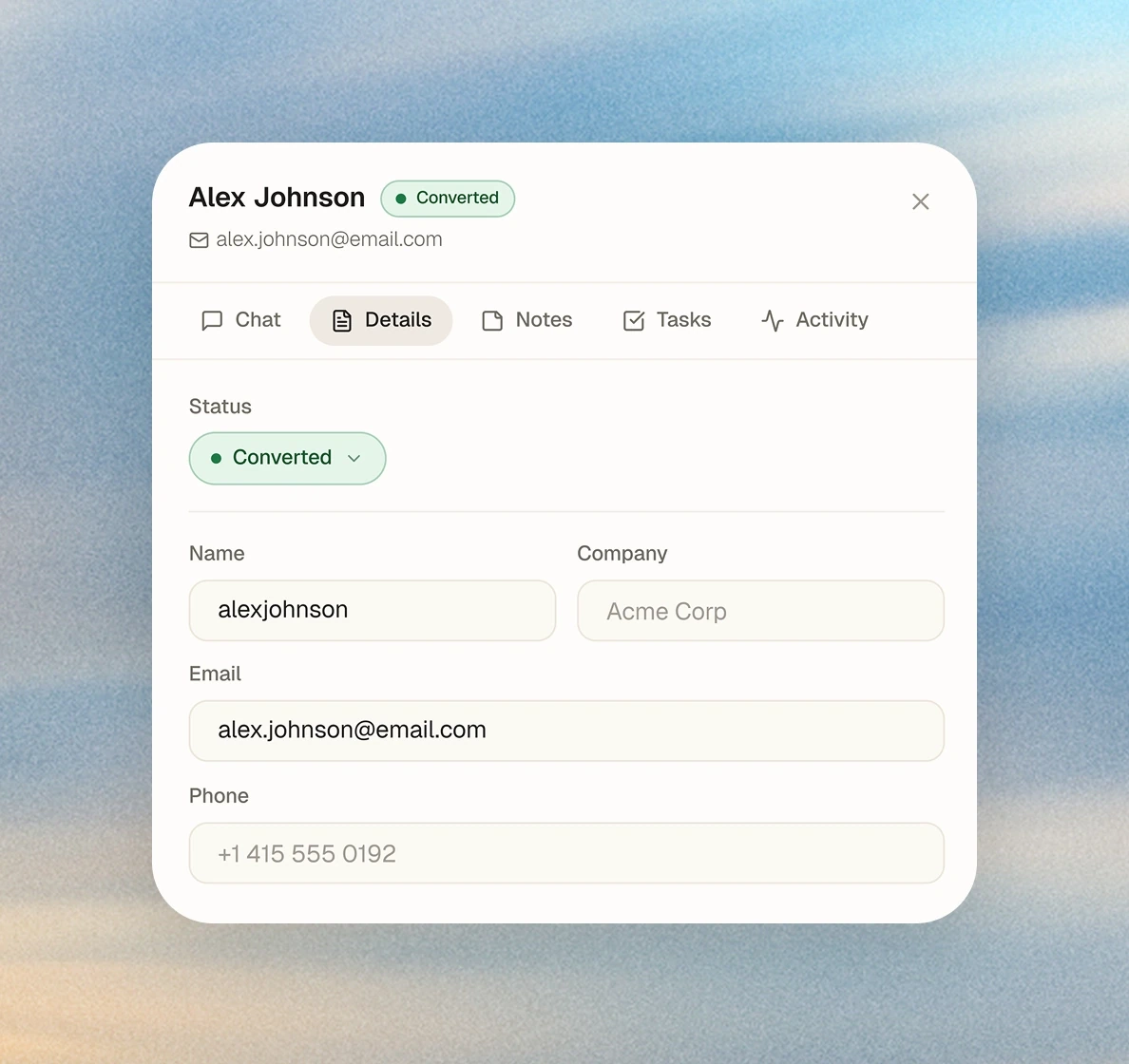 A lead record with contact details and pipeline stage, the context the bot reads first.