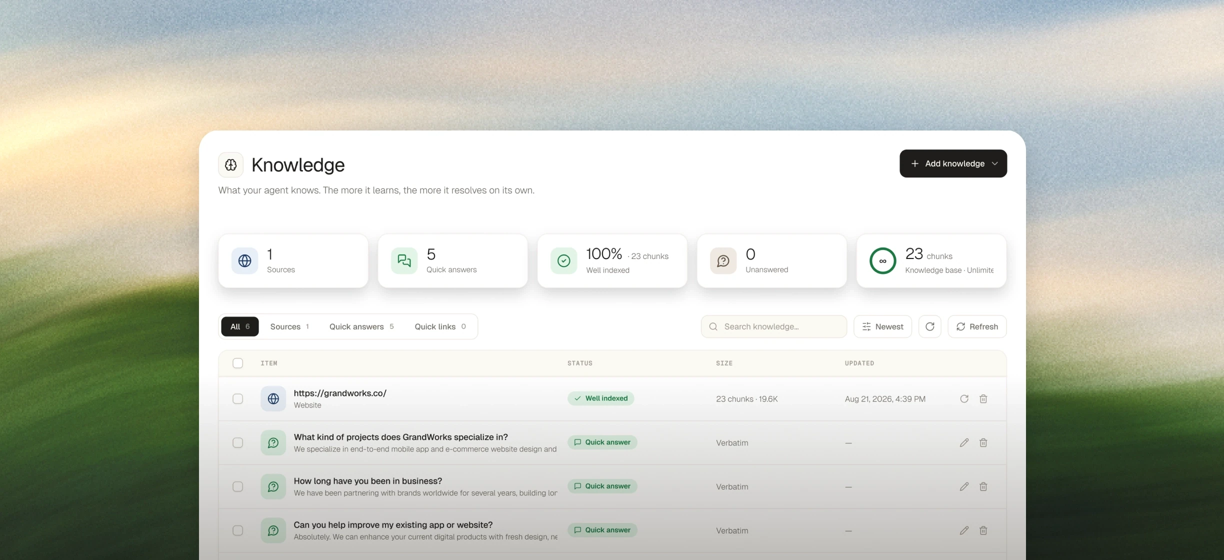 The Knowledge page: one crawled website, five quick answers, every chunk indexed.