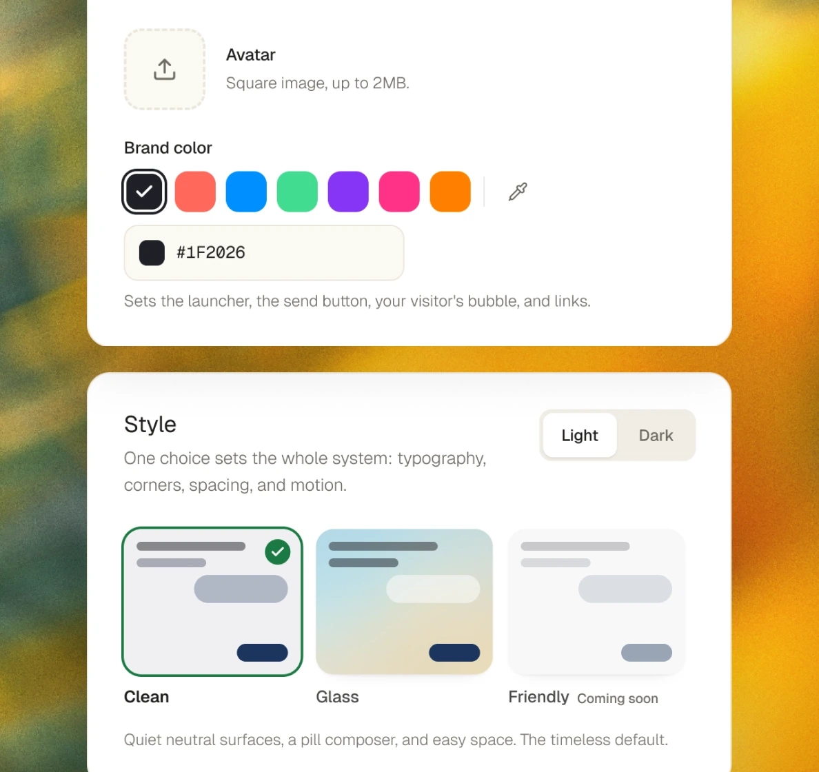 The builder's Brand and Style section: avatar, brand colour swatches, and the Clean, Glass and Friendly presets with a light or dark toggle.